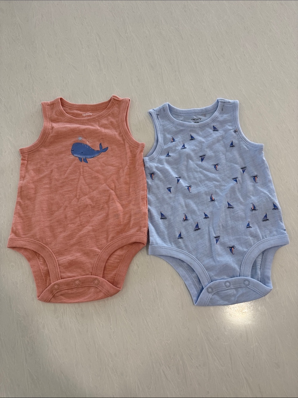Carters 2-Pack Cotton Baby Tank Bodysuits Coral Whale & Light Blue Sailboats 6M